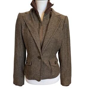 Renaur Collection Tweed Blazer Sz 6 Brown Wool Blend Zipper Collar Patches